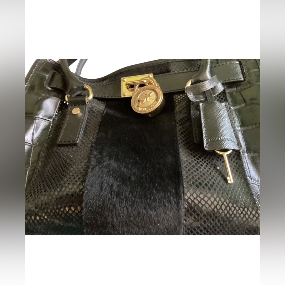 ❣️$398 ❣️ Michael Kors Black Calf Hair Croc Leather Shoulder Bag Purse - Picture 8 of 15